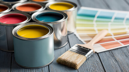 Paint cans, color palette, and paintbrush for renovation