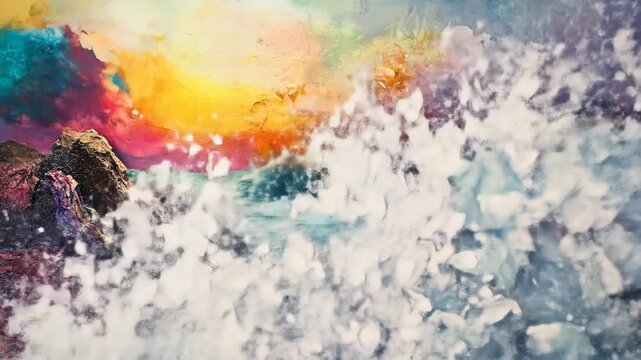Abstract coastal scene depicting water and rocky cliffs