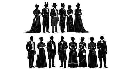 Victorian era formal wear silhouettes set: 19th-century gentlemen and ladies in elegant long gowns and top hats illustration. isolated on white background, Vector, illustration