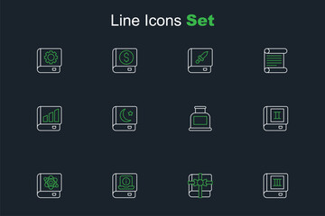 Set line Book, as a gift, User manual, about physics, Inkwell, Holy book of Koran and Financial icon. Vector