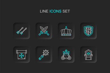 Set line Medieval throne, Princess or queen, Mace with spikes, Crusade, Shield, King crown, Crossed medieval sword and arrows icon. Vector