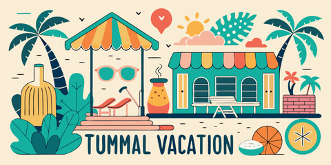 Fototapeta premium Tropical island vector pattern featuring palm trees, surfboards, sailboats, flowers, mountain and orange slices, perfect for summer backgrounds and textile design