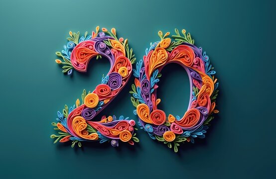 Colorful paper quilling number twenty with floral elements. This festive numeral is perfect for a twenty-first birthday party decoration or anniversary celebration graphic.