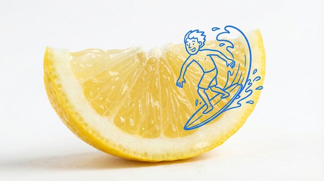 Cartoon surfer illustration riding a wave on a lemon slice photo on white.