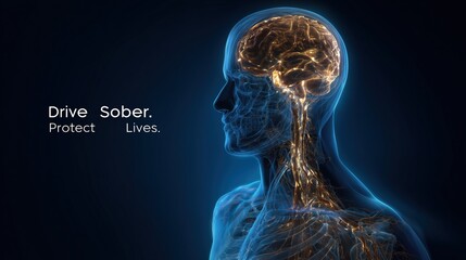 National Drunk and Drugged Driving Awareness Week. 3D anatomical model of semi-transparent human body in driving position, brain and nerves highlighted as impaired, text: "Drive Sober. Protect Lives."