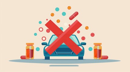 National Drunk and Drugged Driving Awareness Week. Flat design illustration of car with large red X symbol over it, alcohol bottle and pills icons crossed out, bright safety colors