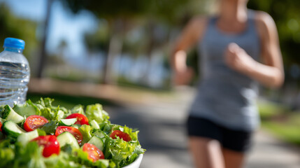 Vibrant greens, cherry tomatoes, and cucumber salad with water bottle beside it, woman running in park softly out of focus, promoting active lifestyle and clean nutrition
