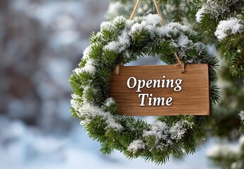 christmas wooden sign with text "Opening Time" on it, snow and christmas wreath, winter background, photorealistic.