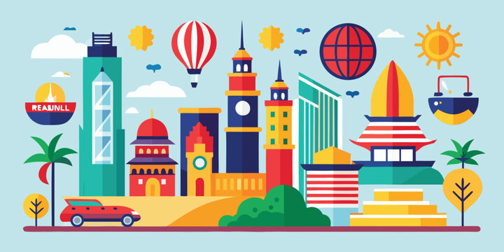 Global cityscape skyline featuring mixed cultural landmarks, including buildings, hot air balloon, car, sun, trees, and world globe