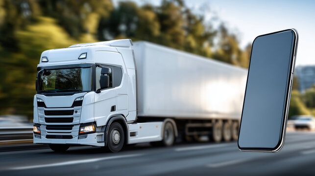 A smartphone with an empty display held near the camera, with a large white shipping truck rolling past in a beautifully blurred background, symbolizing seamless communication betw - Powered by Adobe