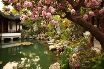 Vibrant Summer Garden: A Beautiful Day in an Asian-Inspired Backyard with Blooming Plants