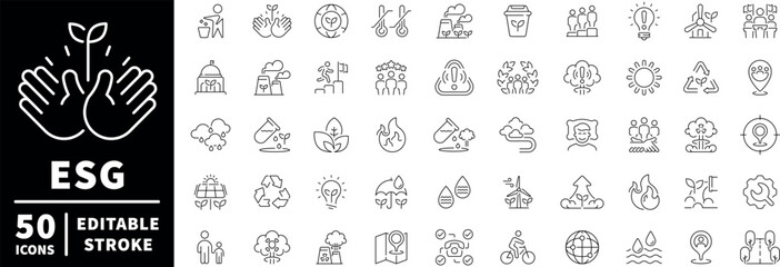 Esg icons set. editable line icons, outline, sustainability and eco.friendly symbols