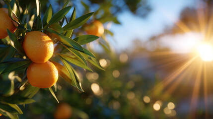 A radiant still life of ripe oranges surrounded by lush green leaves, illuminated by warm sunbeams that highlight the fruitâs textured peel and refreshing vitality