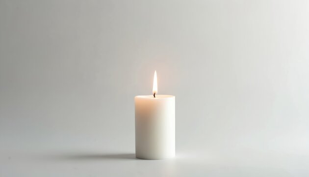 Burning candle against neutral background. Isolated single white candle flame glows brightly in studio. Light fire illuminates darkness. Concept for religion hope faith or memorial.