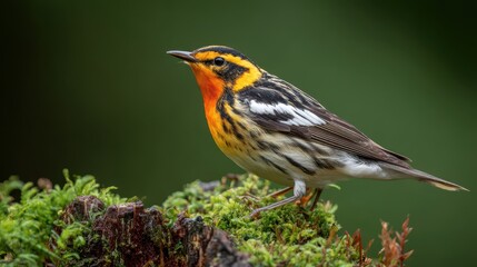 Obraz premium Vibrant Portrait of a Male Blackburnian Warbler Perched on a Mossy Stump Against a Lush Green Backdrop