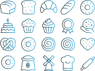 A collection of twenty thin line icons representing various bakery items, baked goods, and baking tools, isolated on white background