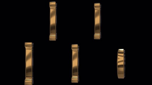 Set of 3D Animated Black and Gold Capital Letters on Black Background (K,L,M,N,O)