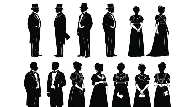 Silhouettes of victorian era men and women dressed in formal evening attire and elegant historical fashion styles vector graphic. isolated on white background, Vector, illustration