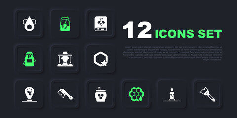 Set Burning candle, Beekeeping brush, Beekeeper with protect hat, Honeycomb, Jar of honey, dipper stick and icon. Vector