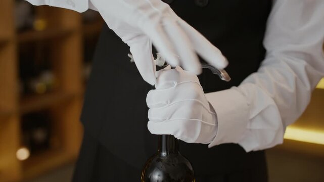 Cropped shot of hands of unrecognizable waiter wearing classic uniform and white textile gloves opening bottle of wine using corkscrew while serving dinner in luxurious restaurant