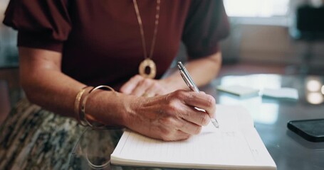 Woman, hands and writing in workplace with planner for customer appointment, reminder and schedule. Person, notes and diary in small business for client consultation, daily admin and task priority. - Powered by Adobe
