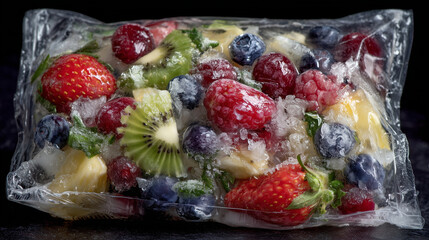 Frozen fruit assortment in a clear ice-layered bag, frost patterns catching the light, vibrant natural colors glowing against a dark matte background