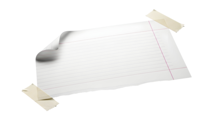 Torn lined paper sheet secured with tape, blank surface for notes or drawings