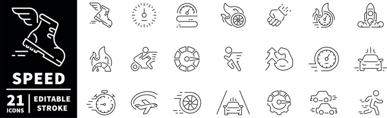 Speed and motion icons set. editable line icons, outline, fast and dynamic symbols