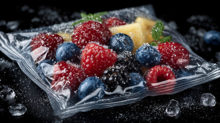 Bright berries and tropical slices frozen inside a transparent frosty bag, delicate ice crystals visible on the surface, set against a clean dark background for dramatic clarity