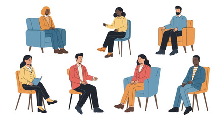 Set of diverse individuals sitting on chairs in a circle for a group therapy session, business meeting, or community discussion