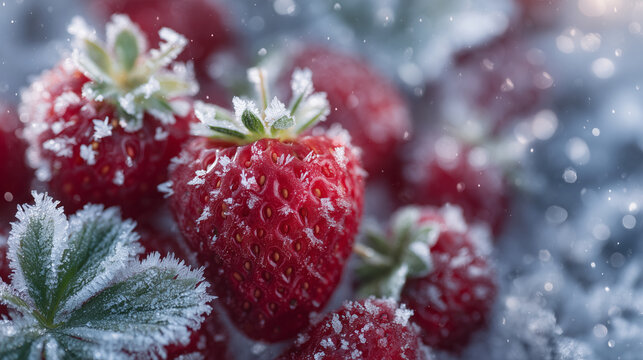 Close-up of intensely red frozen strawberries, frost crystals forming elegant patterns, green leaves offering a vibrant natural contrast against the icy texture