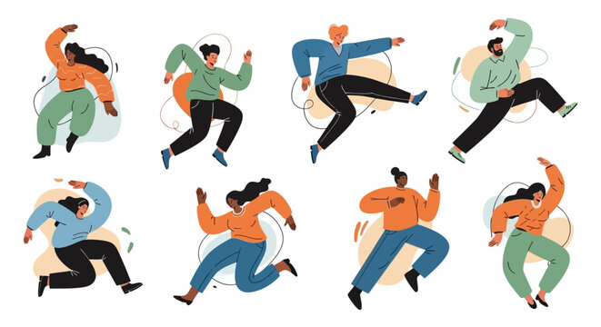 A vibrant collection of diverse individuals celebrating and dancing. Energetic and happy people in motion, illustrated in a modern flat vector style