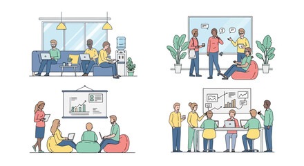 Diverse Professionals Collaborating and Brainstorming in Office Settings