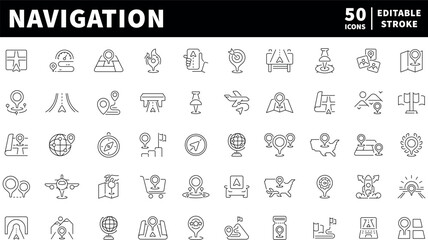 Navigation icons set. editable line icons, outline, map and direction symbols