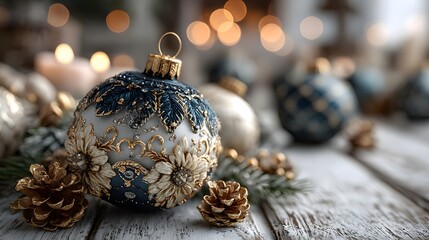 Festive, photorealistic still life of elegant blue and gold Christmas ornaments nestled amongst pine branches and golden pinecones on a rustic table.