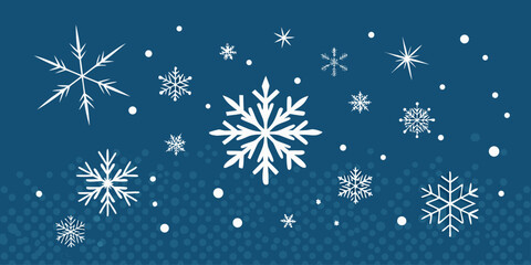 Falling snowflakes on blue background vector art design, white geometric crystal shapes for winter season themes and festive christmas backgrounds