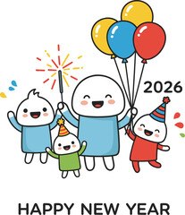 Happy new year 2026 with cute characters and balloons vector