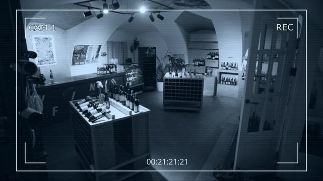 CCTV no people stab shot of modern wine shop interior featuring bottles of collection wine presented on wooden racks and shelves