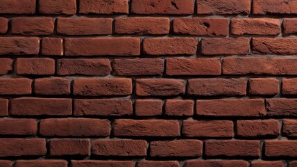 Close-up view of red brick wall with prominent texture and warm lighting. Horizontal alignment creates rhythmic pattern. Background displays muted grout. Neural network AI generated