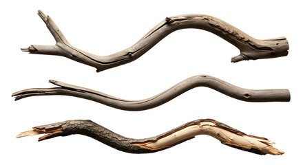 Natural wooden branches with a weathered, aged texture, showcasing organic curves and split textures