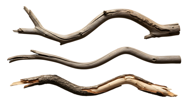 Natural wooden branches with a weathered, aged texture, showcasing organic curves and split textures