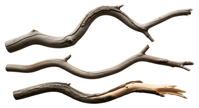 A collection of three weathered, broken, and gnarled tree branches isolated on a white background