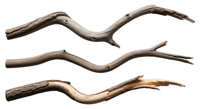 Three natural wooden branches with textured bark, isolated on a white background