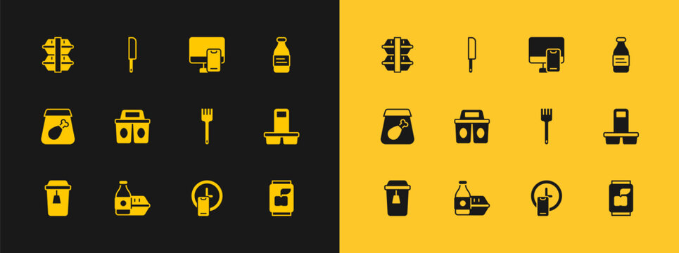 Set Bottle of water, Online ordering food, Fork, Round the clock delivery, Coffee cup to go, Lunch box and Knife icon. Vector