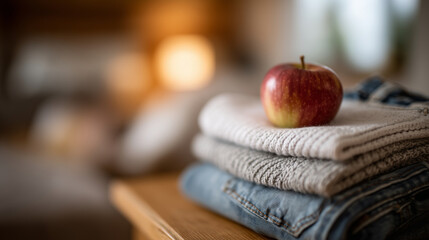 Casual lifestyle scene with weight loss visualized through baggy jeans, person placing apple on wooden table, soft warm tones creating an inviting and motivational composition