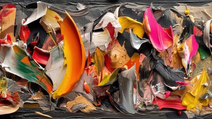 Close-up of a textured abstract painting with thick, impasto oil paint strokes in vibrant colors like orange, pink, yellow, and green against a dark background.