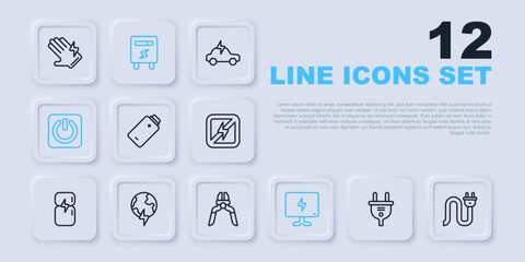 Set line Electric plug, Battery charge, Smart Tv, Power button, Global planet with thunderbolt, meter and Pliers tool icon. Vector
