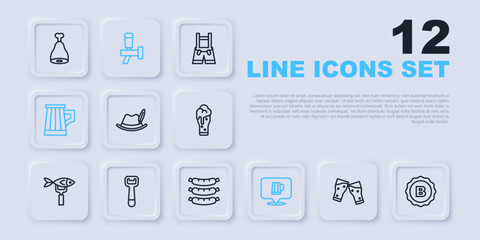 Set line Glass of beer, Bottle cap, Oktoberfest hat, Wooden mug, opener, Beer tap and Sausage icon. Vector