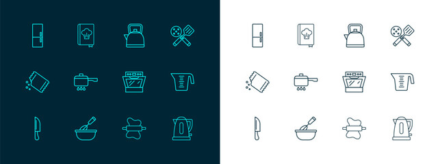 Set line Spatula, Cooking whisk with bowl, Oven, Rolling pin on dough, pot fire, Kettle handle, Refrigerator and Cookbook icon. Vector