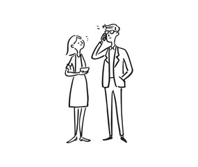A simple line drawing of two people. One person is wearing a skirt and white shoes, holding a bowl in his right hand, while another man in a suit is standing next to a woman wearing glasses who is tal